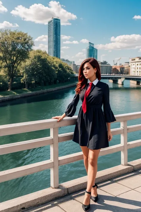 (Masterpiece,newestexcepcional:1.2), animated,1 girl,blows,negro_Hair, Beautiful eyes 8K,blue_sky,bridge,building,castillo,city,cityscape,cloud,day,dress,looking_en_viewer,outdoors,red_ties,red_Love,Love,river,_Hair,_sleeves,sky,skyscraper,Alone,standing,c...