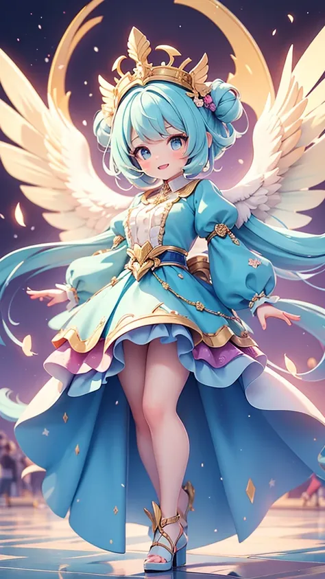 The image depicts a vibrant and fantastical scene featuring a young female character with oversized, avian-inspired wings reminiscent of a majestic raptor. She is designed in a charming 3-heads tall chibi style, her face radiating the innocence and beauty ...