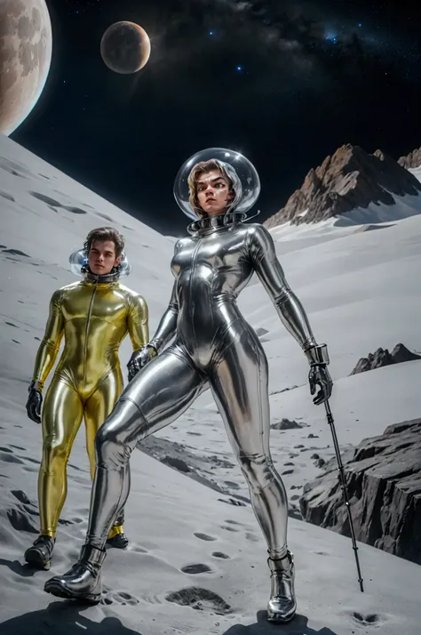 generate image of a beautiful adult boy wearing a silver spacesuit made of latex tight to his body and walking on the moon