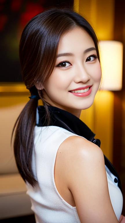 (Best-Quality, Masterpiece, Ultra-High-Resolution, (Photorealistic:1.4), Raw-Photo, Extremely-Details, Perfect-Anatomy, 1girl, 28-years-old, Japanese actress, in hotel suite, wearing tight collar shirt with buttons, pencil skirt, portrait, ((kind smile, lo...