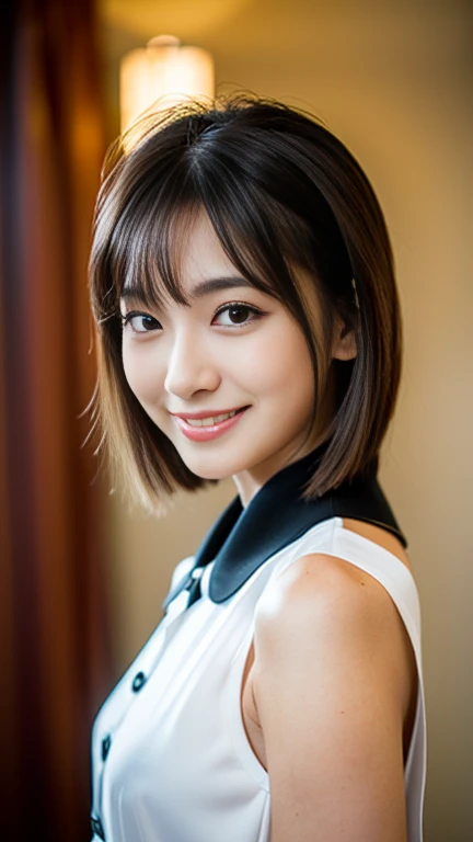 (Best-Quality, Masterpiece, Ultra-High-Resolution, (Photorealistic:1.4), Raw-Photo, Extremely-Details, Perfect-Anatomy, 1girl, 28-years-old, Japanese actress, in hotel suite, wearing tight collar shirt with buttons, pencil skirt, portrait, ((kind smile, lo...