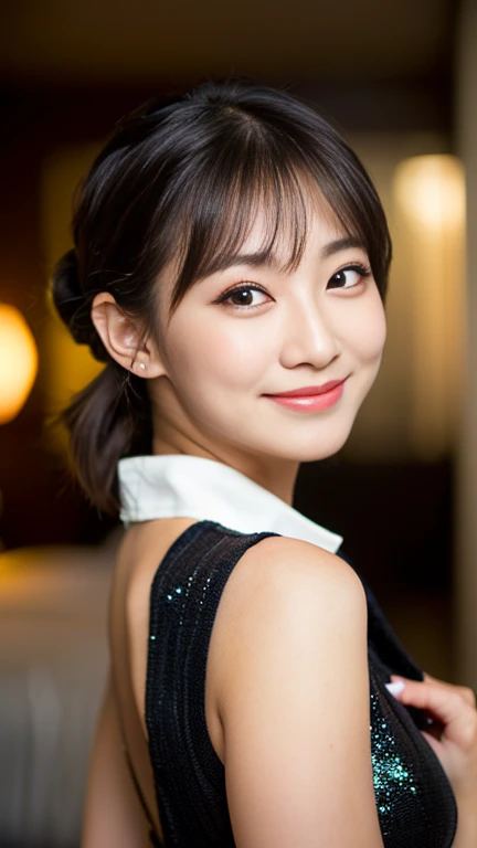 (Best-Quality, Masterpiece, Ultra-High-Resolution, (Photorealistic:1.4), Raw-Photo, Extremely-Details, Perfect-Anatomy, 1girl, 28-years-old, Japanese actress, in hotel suite, wearing tight collar shirt with buttons, pencil skirt, portrait, ((kind smile, lo...