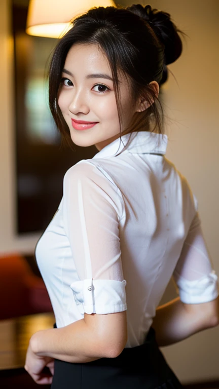 (Best-Quality, Masterpiece, Ultra-High-Resolution, (Photorealistic:1.4), Raw-Photo, Extremely-Details, Perfect-Anatomy, 1girl, 25-years-old, Japanese actress, in hotel suite, wearing tight collar shirt with buttons, pencil skirt, portrait, ((kind smile, lo...