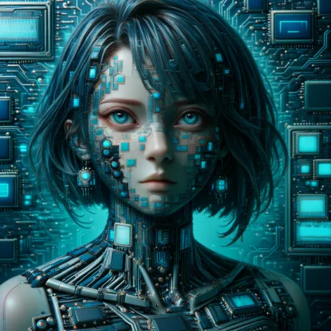 supreme female humanoid artificial intelligence, made entirely of biomech semiconductor,  science fiction, semiconductor cables ...