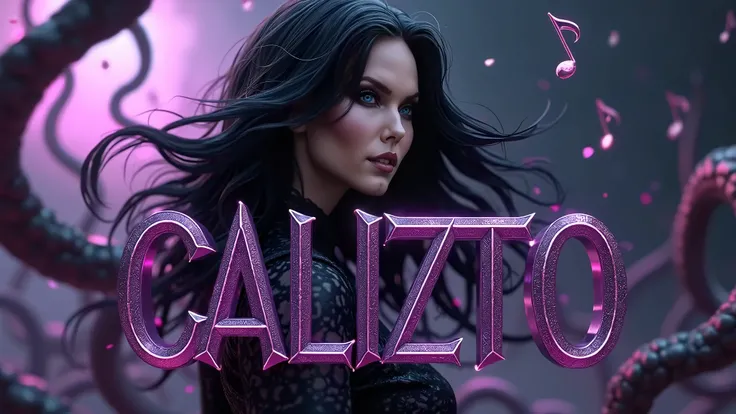 A stunning 3D render of a dark fantasy scene, Her name is Callizto, featuring a captivating and enchanting goth/punk woman named Callizto with black hair adorned with purple highlights and intricate tattoos. Her mysterious pose invites viewers into her mes...