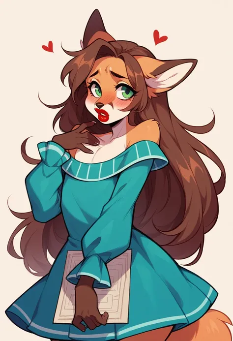 best quality, furry male fox with green eyes, with brown long hair, with a black spout, with red lipstick on her lips, big lips, in a blue mini dress with long sleeves, a femboy, crossdressing, shy, off-the-shoulder dress, flirts, sexual pose, portrait, ag...