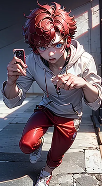 1 boy, short red hair, black headphones, holding out phone, blue eyes, white hoodie, red pants, black sneakers