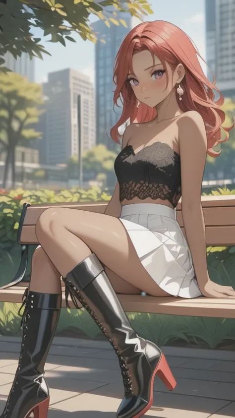 (((Adult woman)): (thigh white lace miniskirt, strapless lace top, pink eyes, brown skin, dark skin, showing the whole body, ((red head short wavy hair)), ((High heel boots ). Closed mouth )); full body shot, ((sitting on a bench at park)), city background...