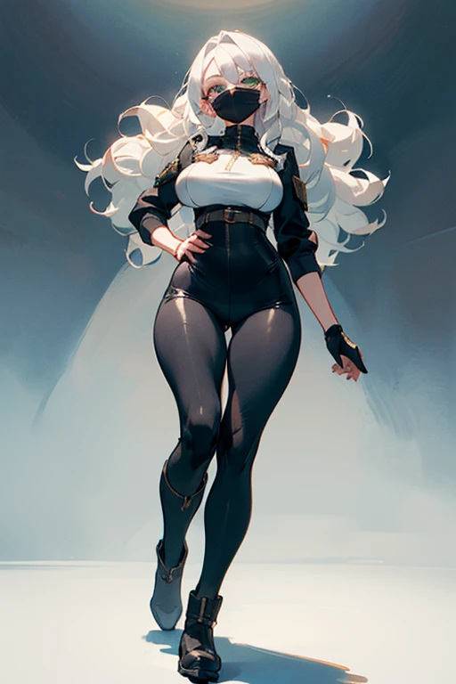 ((La mejor calidad)), ((masterpiece)), (detailed), 1 girl,((black tight pants and tights)),((with black masks)),(Green eyes), (ojos bien detaileds),((white hair)), (long wavy),(2), (black glued boots),(Big breasts), ((wide hips)),(looking at the viewer),(o...