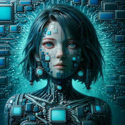 supreme female humanoid artificial intelligence, made entirely of biomech semiconductor,  science fiction, semiconductor cables ...