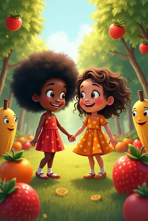 illustration of two happy girls, one of African origin with black power hair in a red dress with yellow polka dots and another of Brazilian origin with looser curly hair, smiling in the center of the image, in a happy orchard, a group of fruits that loved ...