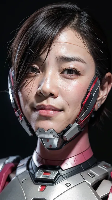 best quality　8k (war machine)　cyborg middle-aged woman　　sweaty face　　short hair　　steam coming out of my head　my hair is wet with...