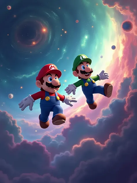 Mario Bros floating in space, a colorful and bright galaxy behind him, Super Mario Galaxy