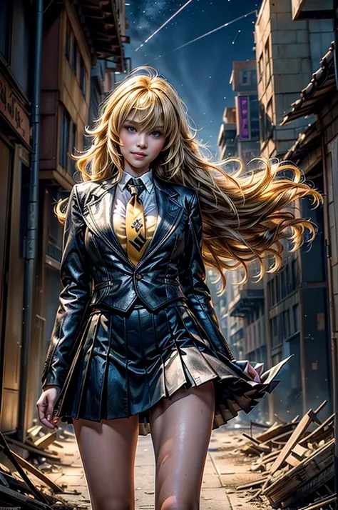 masterpiece,best quality,1girl,yang xiao long,ahoge,blonde hair, ahoge, purple eyes,large breasts,(formal,tuxedo,black skirt,yellow necktie),light smile,standing,cowboy shot, night, stars, walking in post apocalyptic city, buildings in ruins, debris, bonfi...