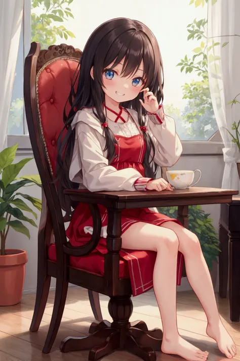 Girl,Mocking expression、Grin、Sitting in a chair、barefoot、Sole