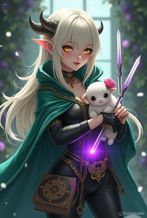 Humanoid woman with snake features, fangs, golden eyes, platinum haira green cape, On her waist a book and a small stuffed animal of a white sheep with a pink tulip in her hands. in the woman&#39;s right hand&#39;In his hands he carries two daggers and in ...