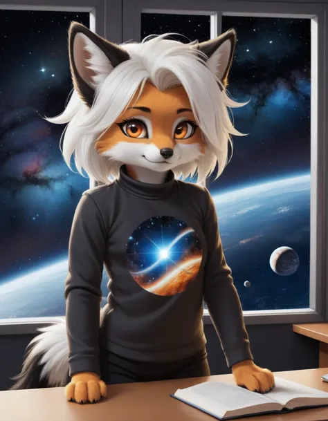 1 girl,fuzzy,anthro,long tail,  space station, large window, outer space, nebula, partially undressedviewers look at, 1 girl, fu...