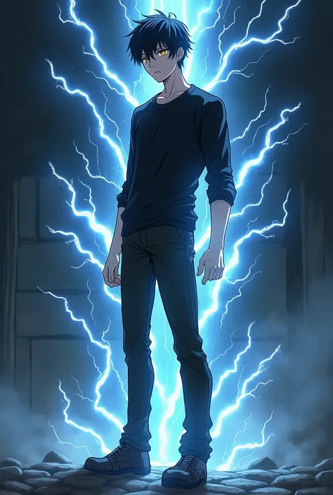 An anime-style character, A tall man, with dark hair, electrical powers, light skin, golden eyes, with a black long sleeve shirt, with black pants and shoes