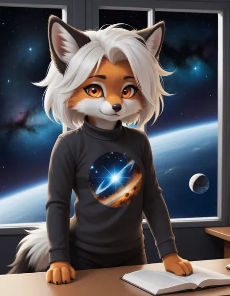 1 girl,fuzzy,anthro,long tail,  space station, large window, outer space, nebula, partially undressedviewers look at, 1 girl, fu...