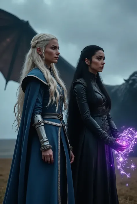 "Create a cinematic, realistic scene featuring Daenerys Targaryen and Yennefer de Vengerberg standing side by side on a battlefield. Daenerys, with her silver-blonde hair and iconic blue and silver outfit, has an intense, determined expression. Behind her,...