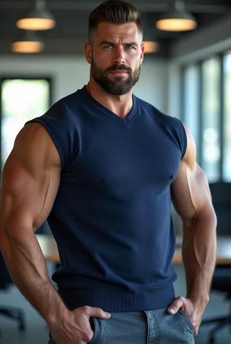 Handsome man, muscle shirt, Manly and sexy in casual clothes, with a modern, royal navy blue and white fashion wool sweater, strong and muscular legs, large lump, Ultra realistic 8k masterpiece detailed with great detail in the office , close up , bodybuil...