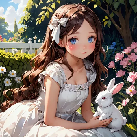 Young girl with delicate features, thin but cute face, light white skin with a slight blush, bright light blue eyes, long, slightly wavy brown hair with pink highlights at the ends, short white rabbit ears with brown spots and a round white fluffy tail als...