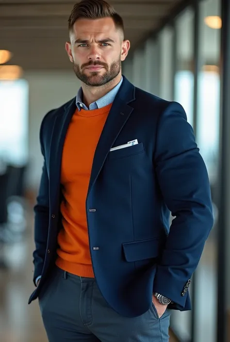 Handsome man, muscle shirt, Manly and sexy in casual clothes, with a modern, Royal Navy Blue and Orange Fashion Wool Sweater, strong and muscular legs, large lump, Ultra realistic 8k masterpiece detailed with great detail in the office , close up , bodybui...