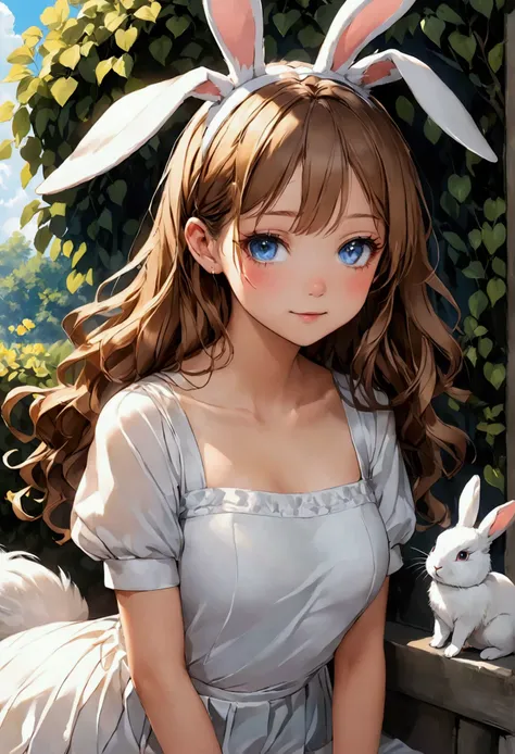 Teenage girl with delicate features, thin but cute face, light white skin with a slight blush, medium breasts, thin waist, long legs, thick thighs, bright light blue eyes, long, slightly wavy brown hair with pink highlights at the ends, short white rabbit ...