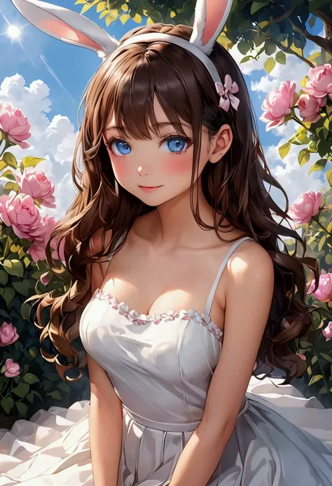 Teenage girl with delicate features, thin but cute face, light white skin with a slight blush, medium breasts, thin waist, long legs, thick thighs, bright light blue eyes, long, slightly wavy brown hair with pink highlights at the ends, short white rabbit ...