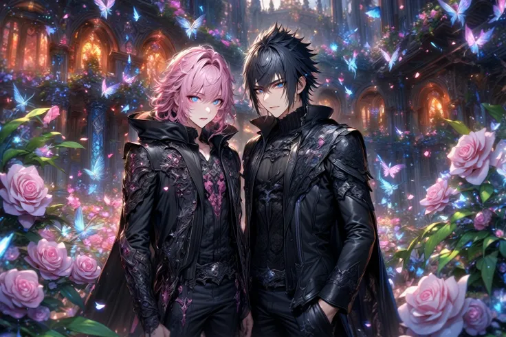 absurdres, highres, ultra detailed, HDR, master piece, best quality, extremely detailed, detailed eyes, detailed face, Noctis Lucis Caelum, black hair, expressive blue eyes, Final Fantasy XV, Nair, pink hair, messy hair, expressive red eyes, two sexy men t...