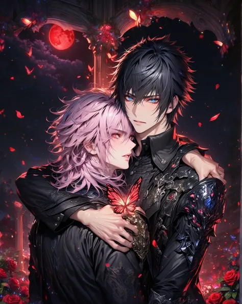 absurdres, highres, ultra detailed, HDR, master piece, best quality, extremely detailed, detailed eyes, detailed face, Noctis Lucis Caelum, black hair, expressive blue eyes, Final Fantasy XV, Nair, pink hair, messy hair, expressive red eyes, two sexy men t...