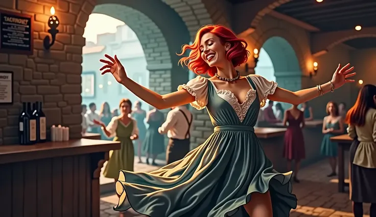 A young red haired woman, bob haircut, dancing in a tavern, wears a flowing wide dress, smiling, eyes closed, high details, masterpiece