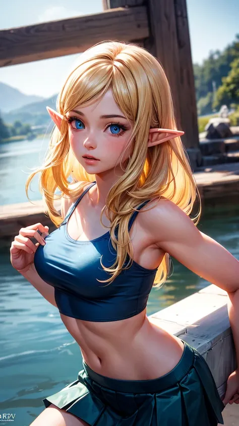 RAW, professional photograph, medium shot, photorealistic, hyper-realistic, ray tracing, super detail, UHD, 8k, female elf, twenty years old, goddess, athletic body, soft facial features, blonde hair, long hair, straight hair, neon blue eyes, close up of f...