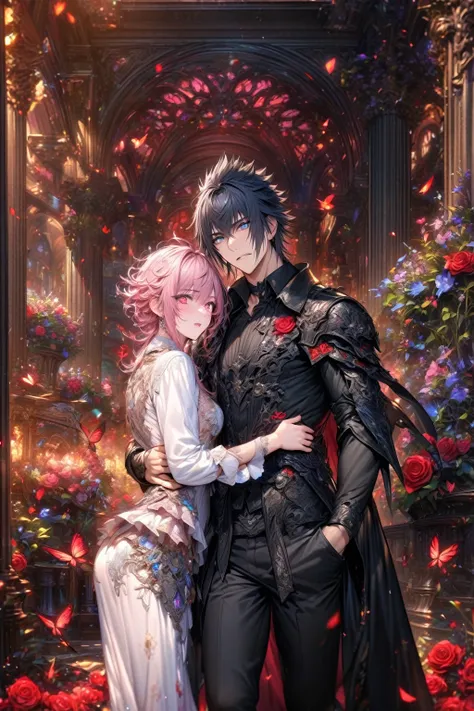 absurdres, highres, ultra detailed, HDR, master piece, best quality, extremely detailed, detailed eyes, detailed face, Noctis Lucis Caelum, black hair, expressive blue eyes, Final Fantasy XV, Nair, pink hair, messy hair, expressive red eyes, two sexy men t...