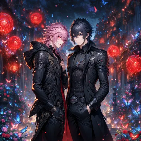 absurdres, highres, ultra detailed, HDR, master piece, best quality, extremely detailed, detailed eyes, detailed face, Noctis Lucis Caelum, black hair, expressive blue eyes, Final Fantasy XV, Nair, pink hair, messy hair, expressive red eyes, two sexy men t...