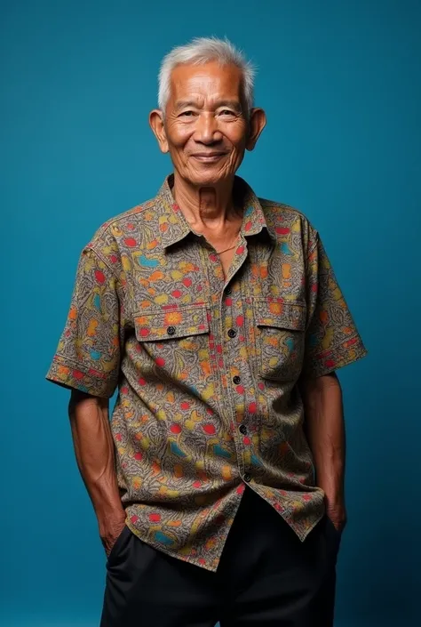 (indonesian people),an old man (60 years old),medium body,short hair with little white hair,wearing batik shirt clothes,black pant,standing straight,solid blue background