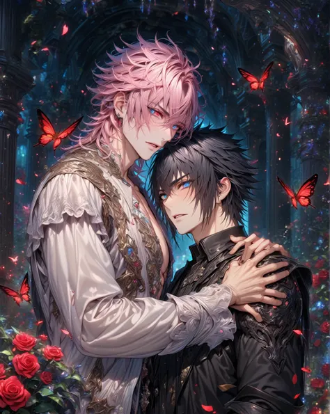 absurdres, highres, ultra detailed, HDR, master piece, best quality, extremely detailed, detailed eyes, detailed face, Noctis Lucis Caelum, black hair, expressive blue eyes, Final Fantasy XV, Nair, pink hair, messy hair, expressive red eyes, two sexy men t...