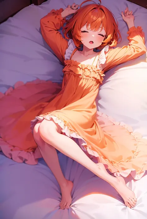 1girl, sleeping on a bed, pixie cut hairstyle, orange hair, open mouth, frilly nightgown, super cute, sleeping, barefoot, detailed, (best quality,