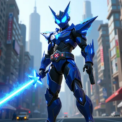 Kamen Rider with technological armor, with blue and black details, his visor in the shape of an X, which shines in blue flames, holding a laser sword of blue flames in his right hand and a laser pistol in his left hand. His driver belt is in the shape of a...