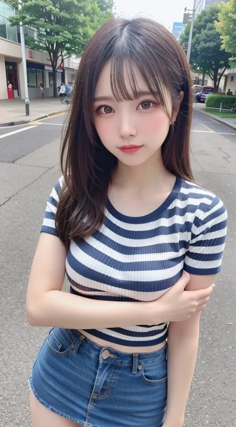 Beautiful girls, Very beautiful and detailed face, Laugh shyly, Deep Valley), (Looking at her sideways、I have very large breasts、She turns to the camera、Stripes 3/4 length ribbed knit T-shirt、Denim mini skirt、:1.3), (She has a very large chest .), Her hair...