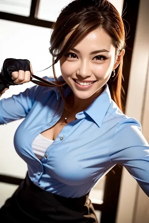 beautiful woman, active attacking dynamic pose, attacking motion, perfect body, big breasts, office-lady blouse skirt, fingerles...