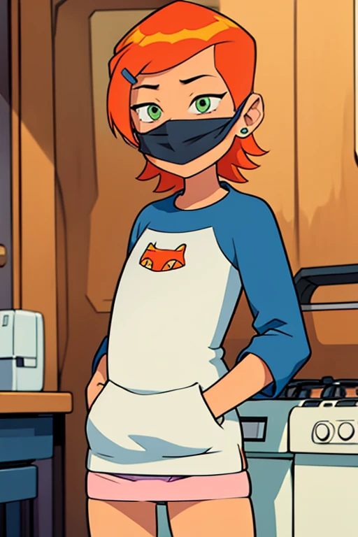 girl in a panty, wearing oven mittens tucked in pockets, blindfold