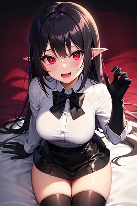 girl, white long sleeve shirt, Black gloves, short black skirt, black boots, Long black stockings, by the wide purple, red eyes, (vampire fangs).