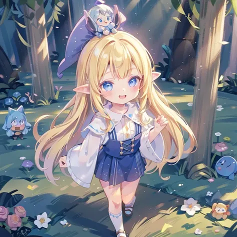 Masterpiece, best quality, high quality, 1elf girl, Solo, has Long bright Blonde hair, has Blue eyes, wears wizard clothes, has slim body, magical, whimsical, fantasy, otherworldly, extremely detailed face, perfect illumination, pastel colors, Smile, walki...