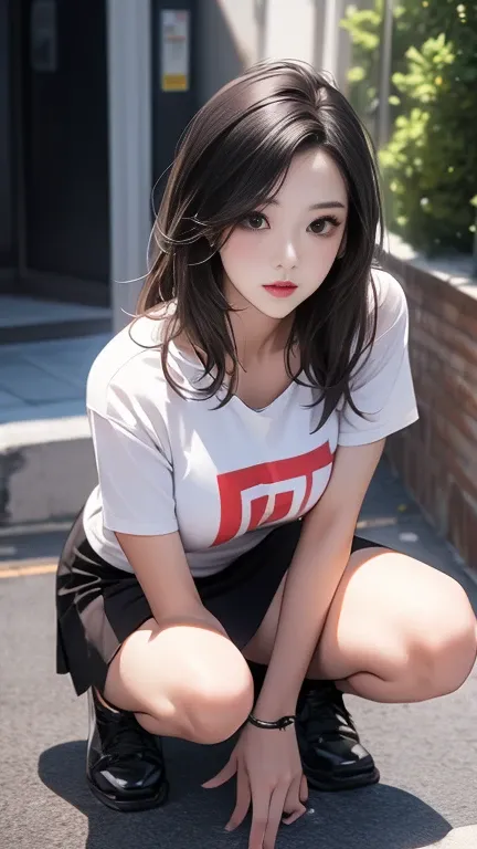 (Squat:1.2)、1 female,T-shirt and skirt、Chirarizum,Full body high resolution,masterpieceBest image quality,8k,Ultra-realistic,I can see your chest and face,Portrait Sexy,Lie down,Original touch