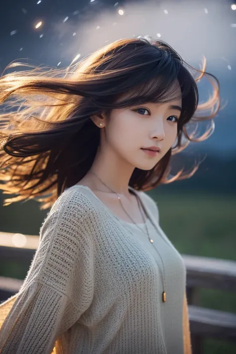 best quality, ultra-detailed, an extremely delicate and beautiful, depth of field, (photorealistic:1.4), 1woman, 2, casual wear, hair blowing in the wind, (night:1.7)