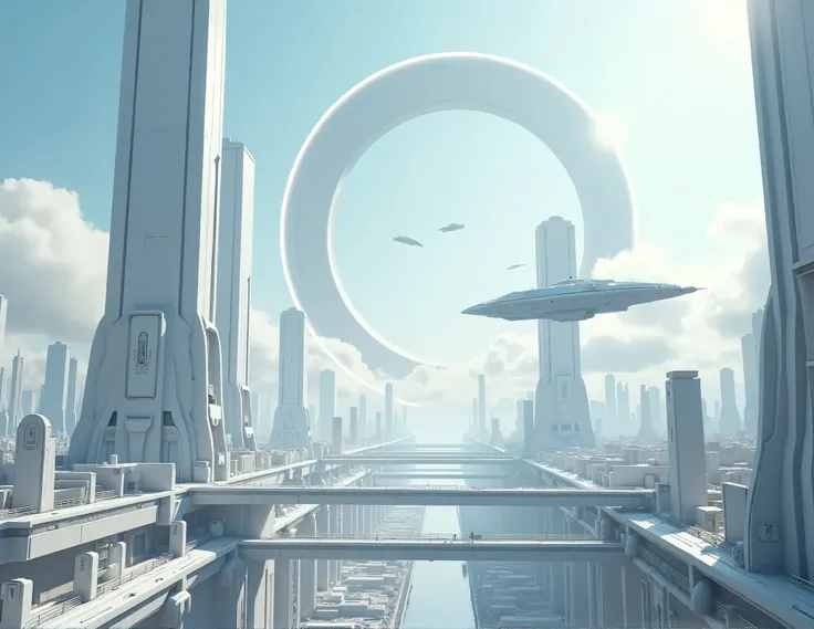 An advanced utopian city with white buildings connected by floating bridges. The sky is taken over by a giant ring formation, while spaceships fly between the towers. A large spaceship hovers over a compact city on the ground, creating a contrast between t...