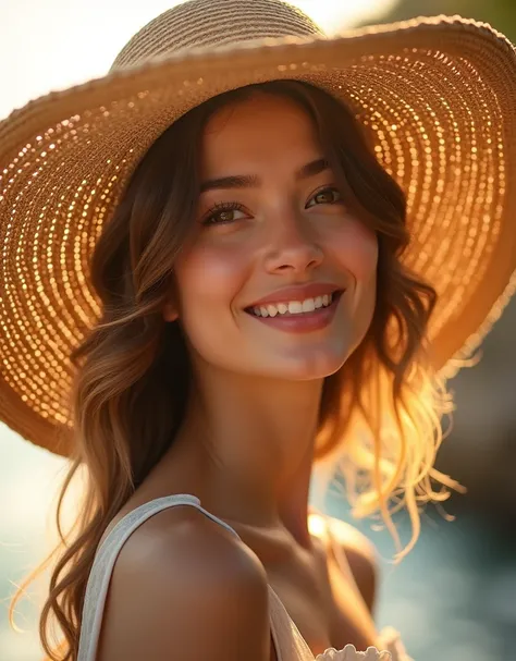 A woman wearing a large straw hat with sunlight filtering through it, highlighting strands of her hair. The background of the image is blurred, so the main focus is on the texture and detail of the hat and hair. The womans face shows slightly open eyes and...