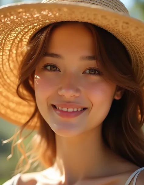 A woman wearing a large straw hat with sunlight filtering through it, highlighting strands of her hair. The background of the image is blurred, so the main focus is on the texture and detail of the hat and hair. The womans face shows slightly open eyes and...