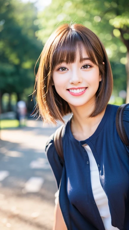 Urban 美しいgirl college student, Masterpiece Light Makeup, Red lips, Fascinating Bob, Brown eyes, Japanese Idols、Beautiful Face、Basic instincts、blonde、Beautiful hair、Slender、Big smile,、A young mother is walking through the park, holding her  daughter&#39;s h...